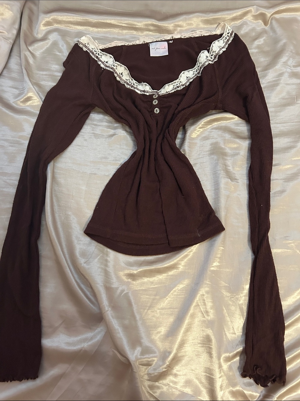 Urban Outfitters Ribbed Lace-Trim Long Sleeve Top - Brown